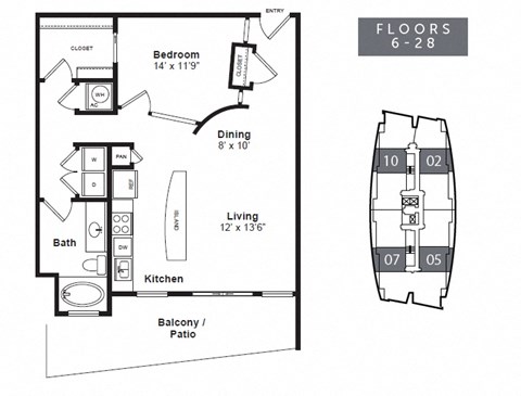 Floor plan for 1 bed, 1 bath, 888 sqft